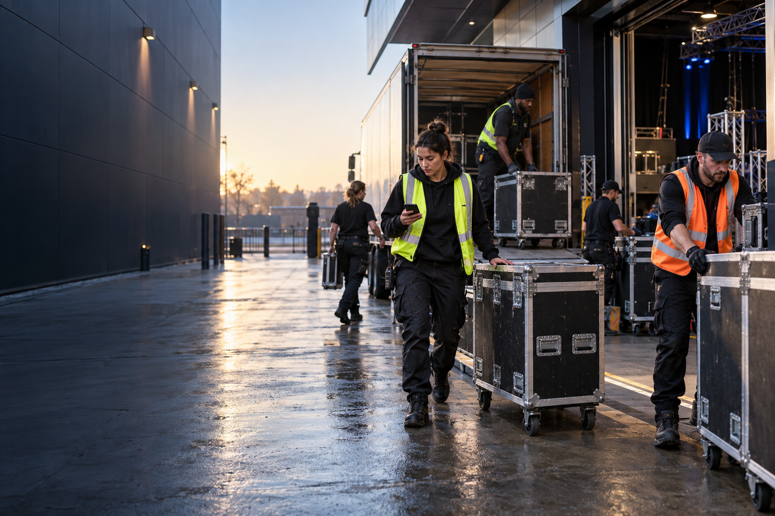 An event crew arriving for a shift at a venue